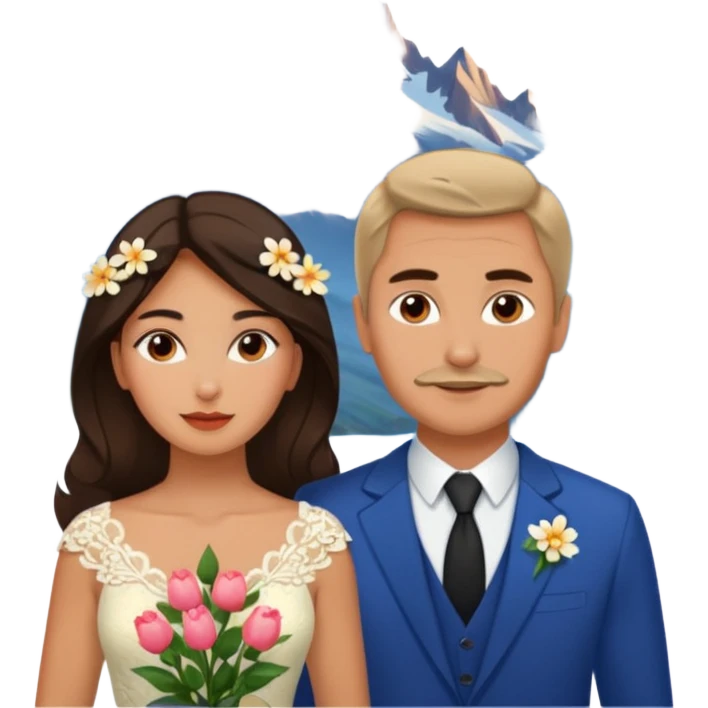 Couple traveling in Montenegro russian man and elegant  Latina girl delicate flowers and mountains in the background  emoji