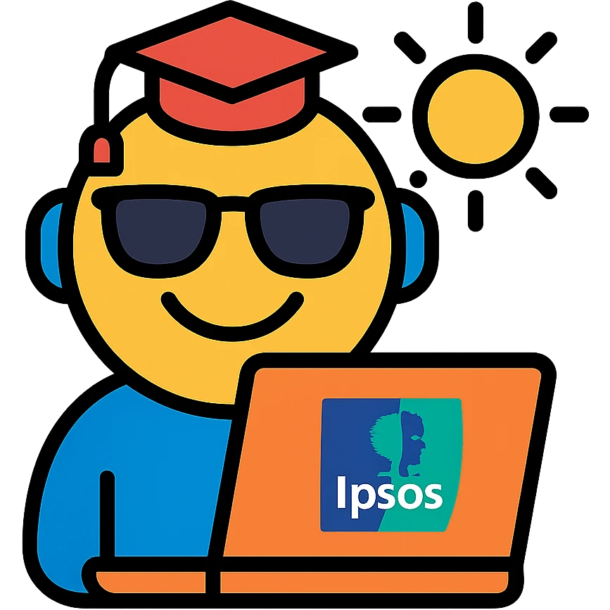 cheerful emoji of a student with a laptop wearing sunglasses, small Ipsos logo, summer sun, symbolizing summer internship in North America emoji