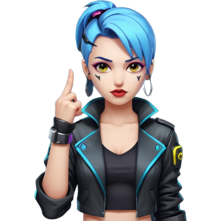 Woman with her tongue out in cyberpunk clothing and giving the middle finger. Looking naughty. emoji