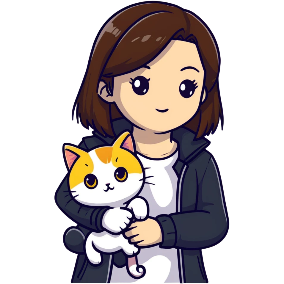 Light-skinned girl with brown straight hair wearing a black jacket, with a white cat with yellow eyes and a calico cat emoji