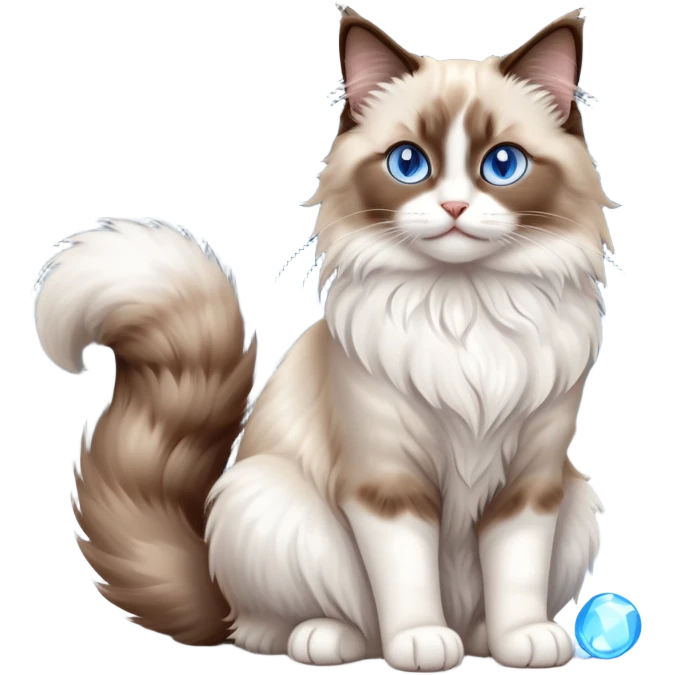 cinematic-[brown and white ragdoll cat]-realistic-full-body-sitting-emoji,-tail-curled-playfully-around-its-paws,-head-tilted-dramatically,-fluffy-[brown and white]-fur,-simplified-yet-realistic-focused-features,-highly-detailed,-glowing-with-an-almost-sarcastic-glow, with blue eyes emoji