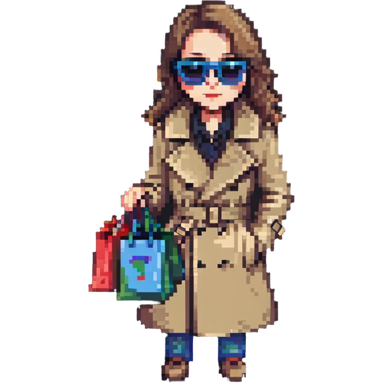 mystery shopper wearing trench coat and sunglasses, holding shopping bag, pixel art style emoji