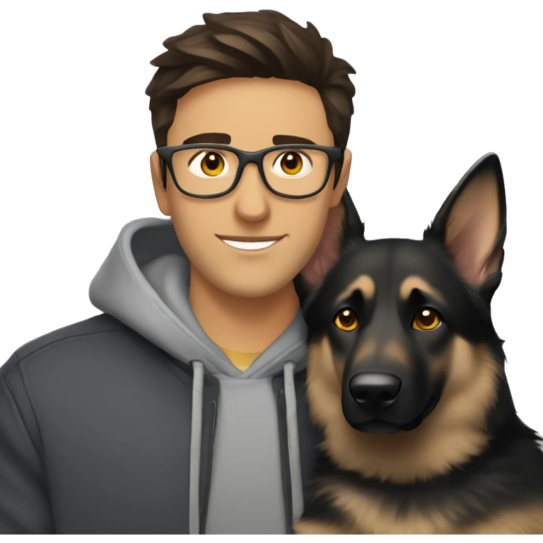 a handsome guy (dark brown hair, grey colour eyes, thin stylish black glasses, hoodie) hugging a dog (grey colour german shepherd, yellow/brown eyes) emoji