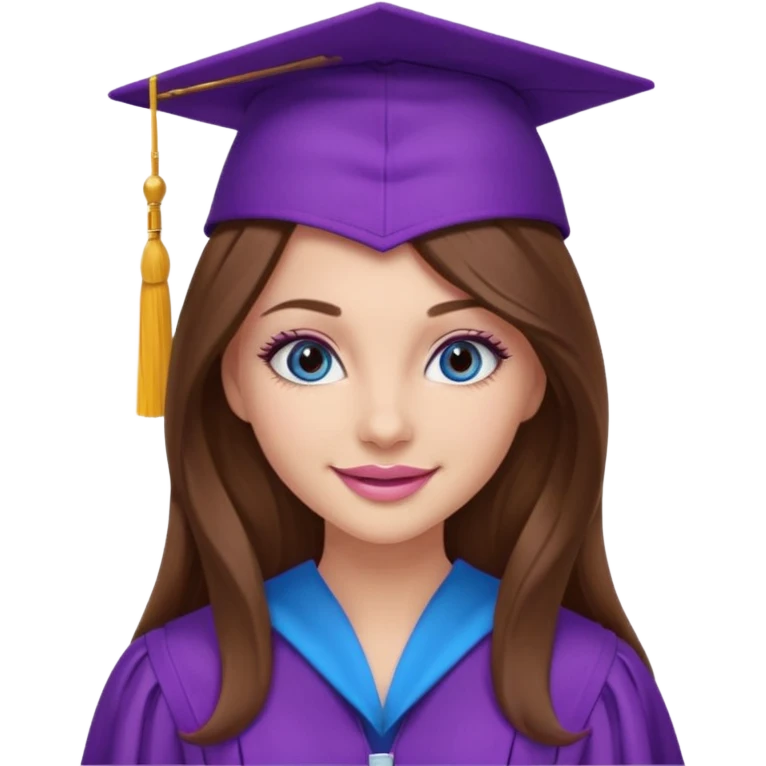 girl with gorgeous long brown hair, blue eyes, long lashes makeup, sexy pink lips, wearing a purple graduation cap and gown emoji