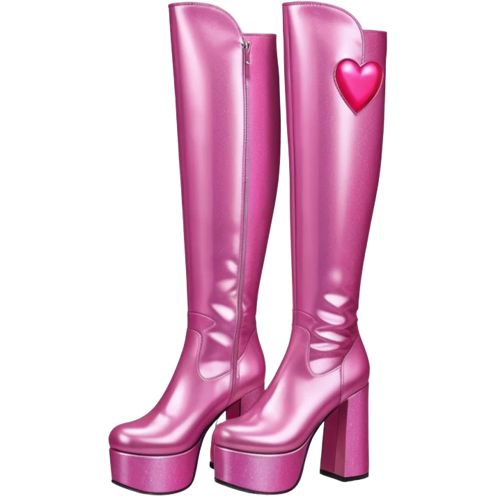 glittery pink platform knee high gogo boots with heart on side emoji