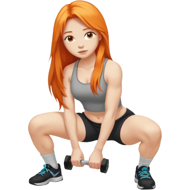 Pale girl with long orange hair squatting weight  from side emoji