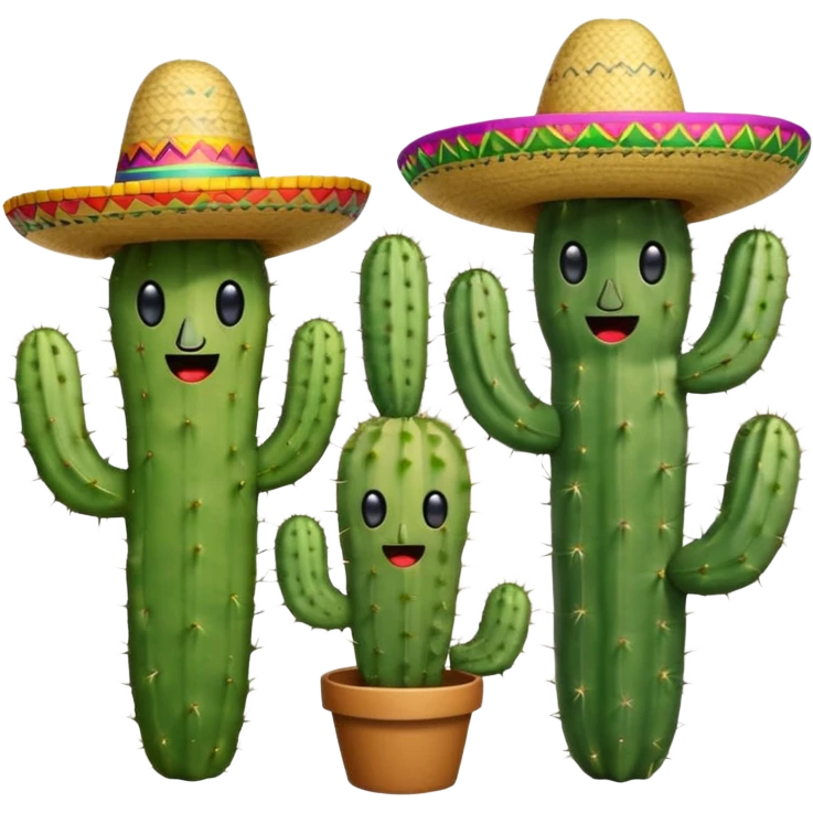 three cactuses standing together, each wearing a colorful Mexican sombrero, one cactus cheeky expression, one happy expression, one surprised expression, fun friendly emoji style emoji