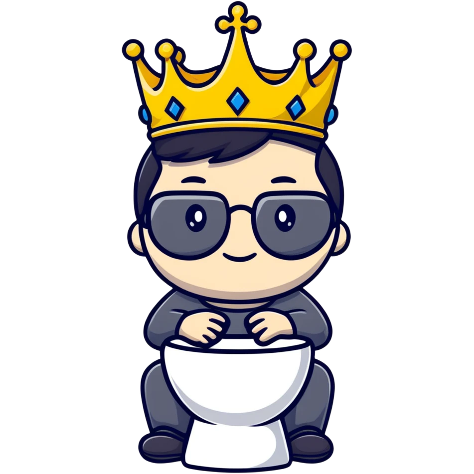 Royal king with crown sitting on a toilet, wearing round glasses and black hair emoji