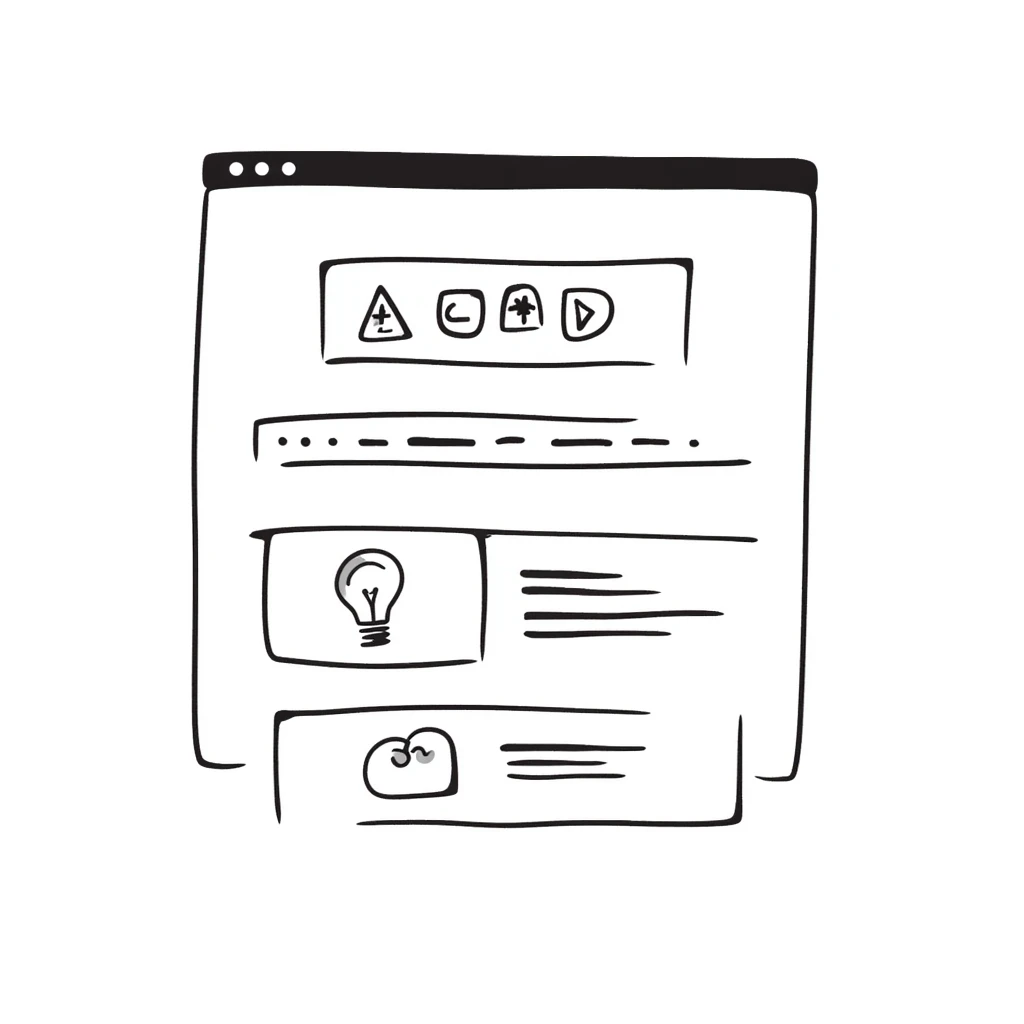 Hand-drawn website layout with navigation and content emoji