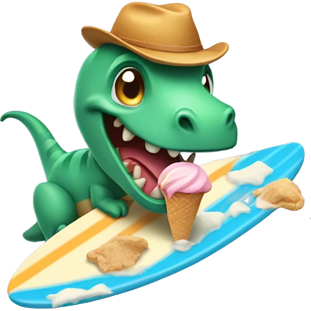 dinasour on surfboard eating ice cream emoji
