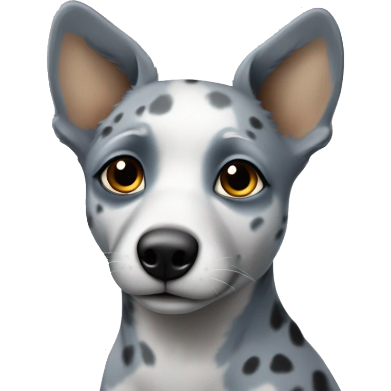 Blue healer grey no brown with faint black tiny spots with a black patch on her eye one ear up one down emoji