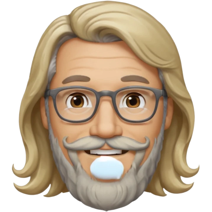 MID AGE MAN WITH LONG BLOND, GREY & bROWN WAVY HAIR; AND BROWN & GREY MOUSTACH AND BEARD, SMILE emoji