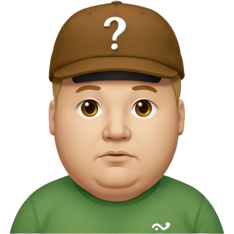 fat man with brown cap and green t shirt printeed a question mark emoji
