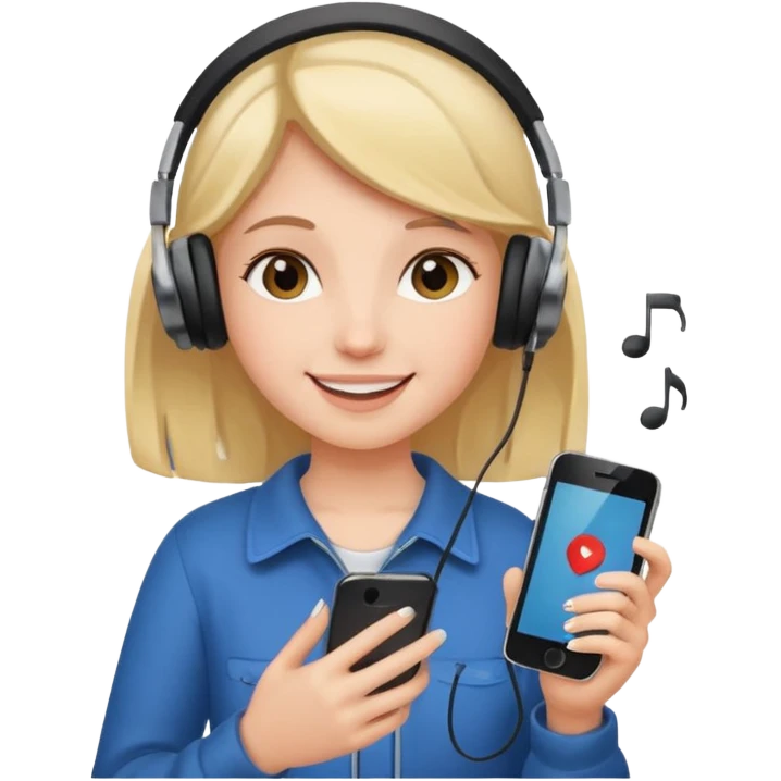 Girl listening to music with earphone and phone in hand emoji