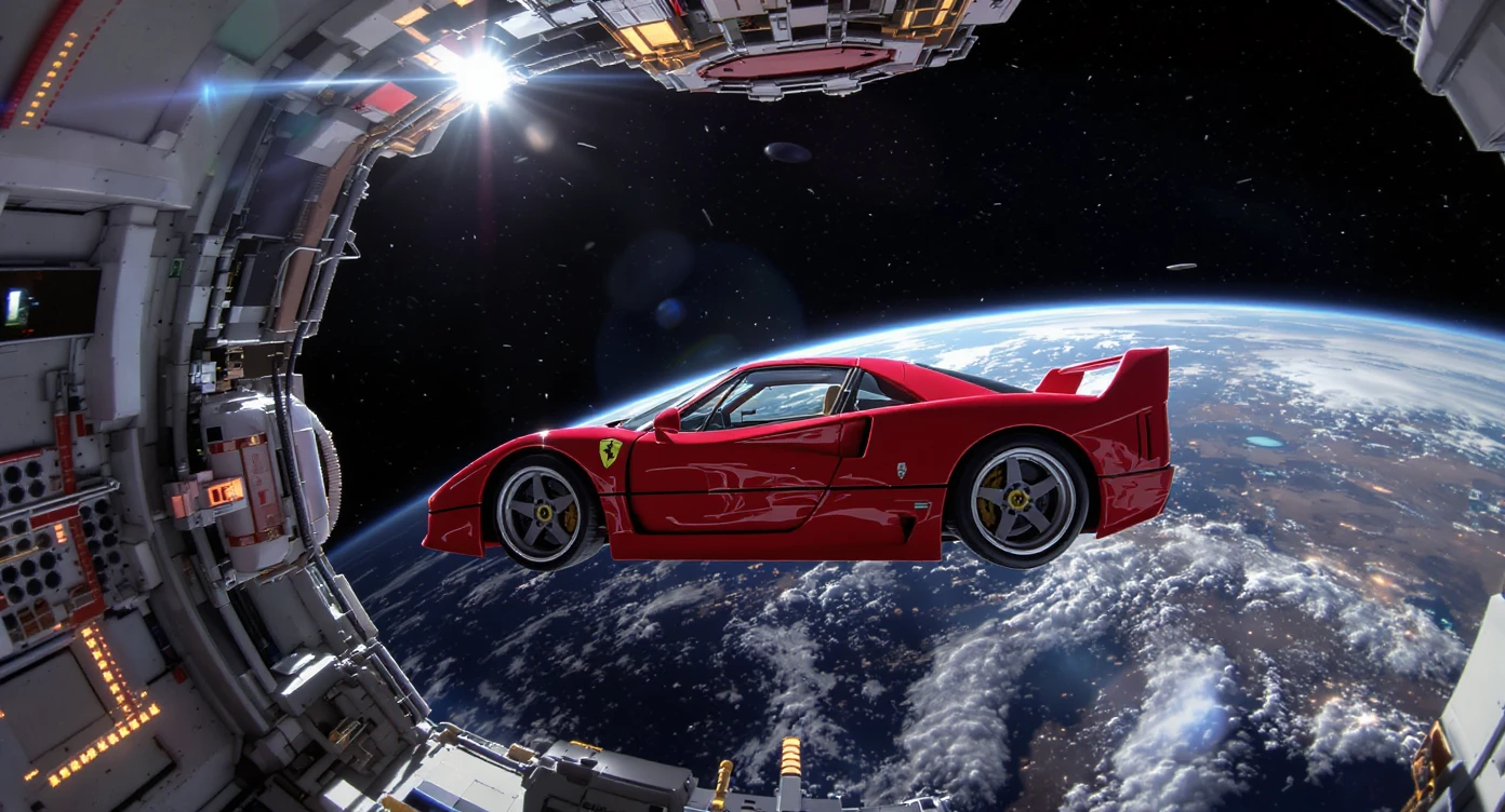 Cinematic still of a ferrari f40 floating in space, shot by space camera connect to spaceship, sun flare, big earth in background, captured by gopro hero with effect fisheye emoji