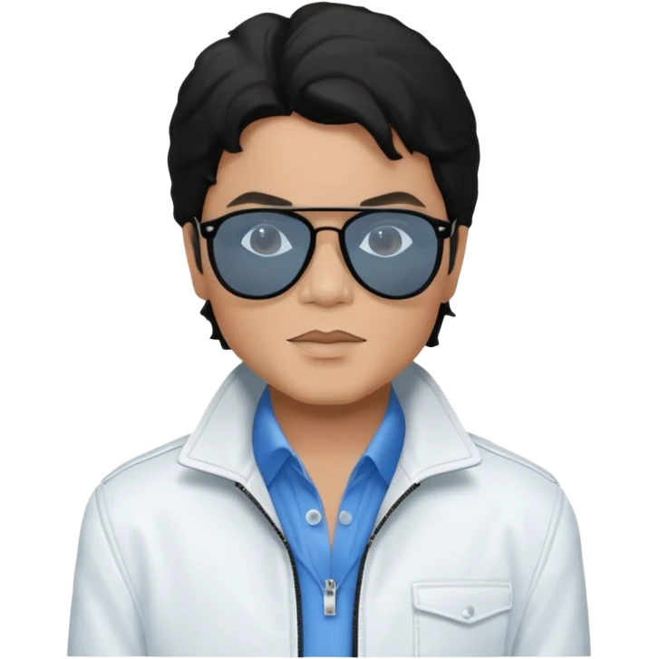 Michael Jackson is white, wearing completely black smokey Ray-Ban glasses, a white jacket, and a blue shirt. emoji
