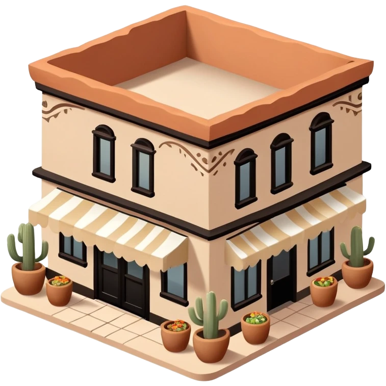 Isometric exterior little black, beige, and white southwestern desert Mexican restaurant, dollhouse style 3D realistic  emoji