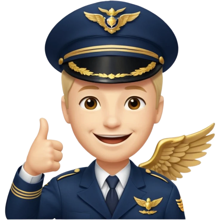 Slack-style emoji of a pilot wearing a slightly tilted navy captain hat with gold wings, giving a thumbs-up, big cheerful smile, eyes closed or happy squint emoji