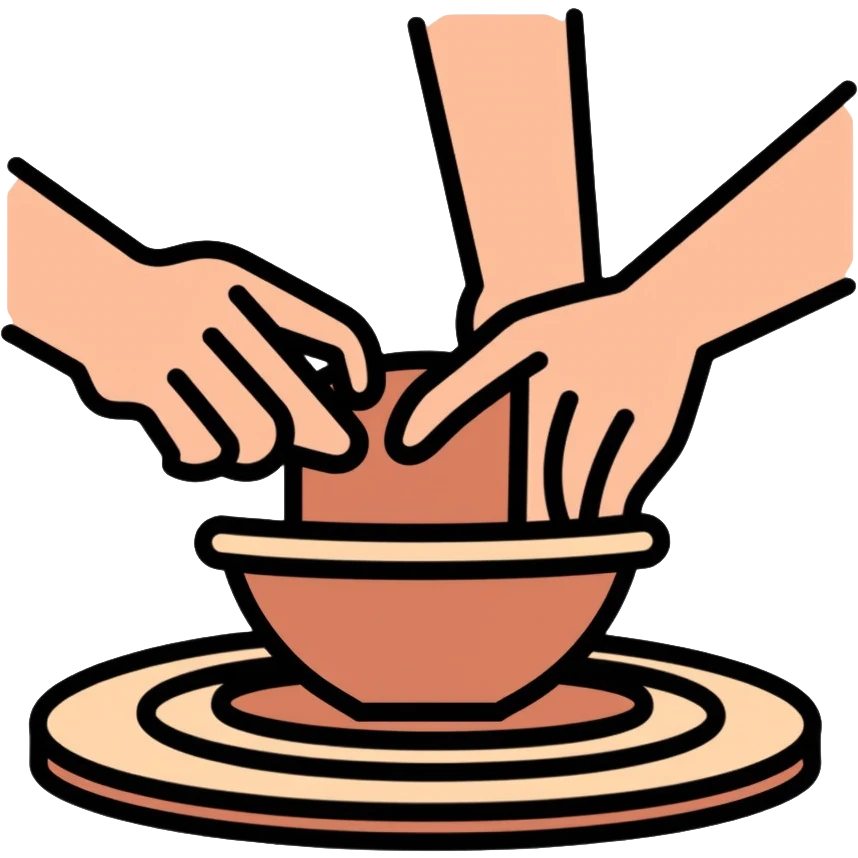 Two hands working on clay pottery, pinching and lifting clay on a pottery wheel, simple clean design with color outlines emoji