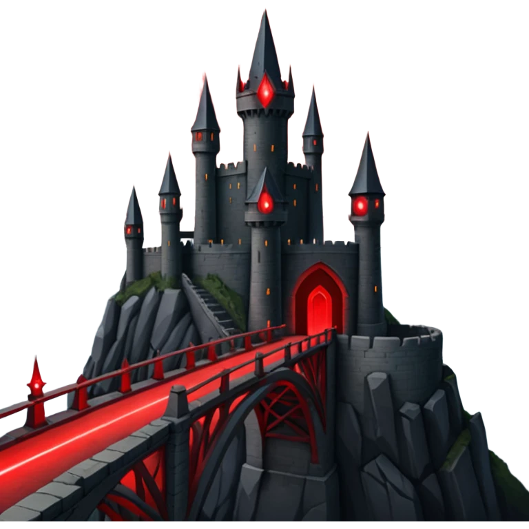 Evil Fortress witch Red Beacon shooting into sky and bridge, two towers very dark emoji