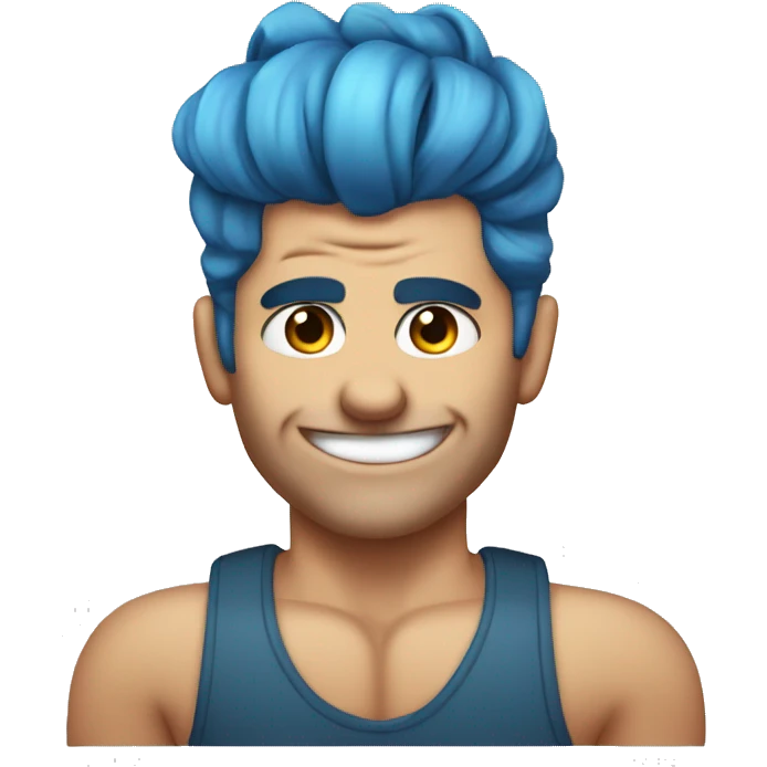 blue hair updo muscle man smiling with scars on eyes emoji
