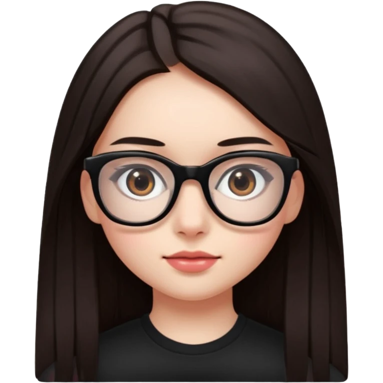 une ado, brune aux cheuveux tres fonces longs lisses blanche, ,lunettes carres noires, yeux bruns fonces joues rose emoji