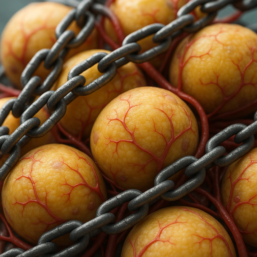 hyper realistic 4K adipocytes with visible capillaries, blocked by chains, anatomical details, clinical atmosphere emoji