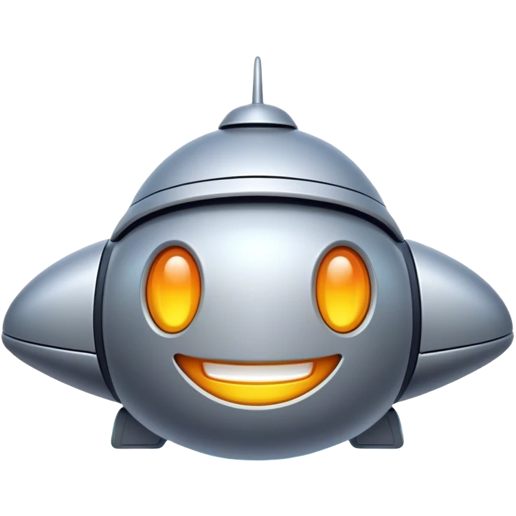 Design a simple, friendly spaceship with a smooth, rounded shape. Add a clear 'face' on the front using glowing lights for eyes and a curved line for a smile, giving it personality. Use a plain background to keep the focus on the ship emoji