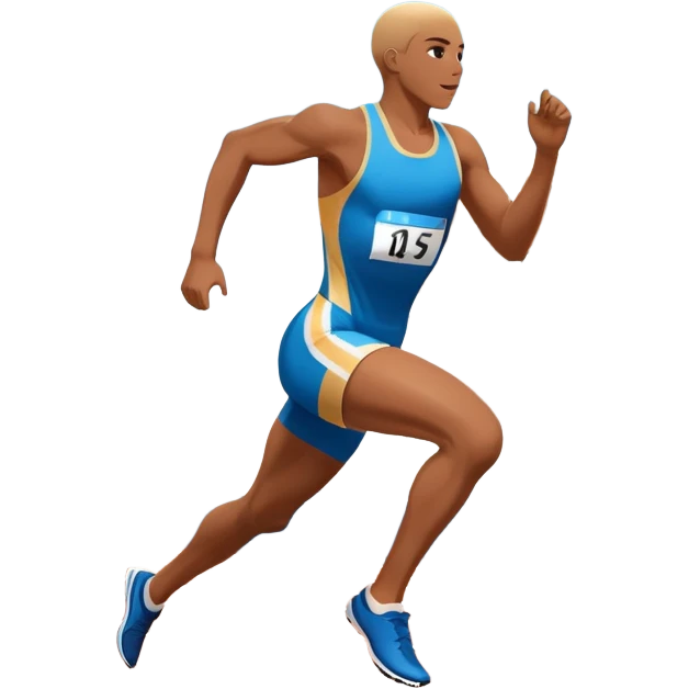An icon symbolizing professional running: a dynamic sprinting athlete in motion on a track, leaving motion lines behind. The background features a large stadium with cheering crowds, a digital timer, and a clear blue sky. Transparent background emphasizes speed, endurance, and competition. emoji