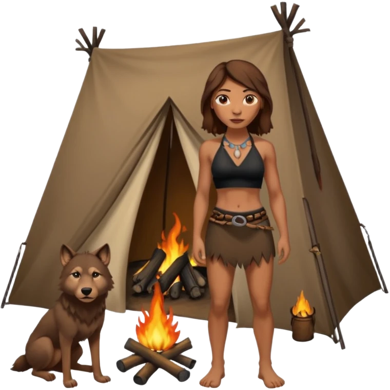 a NEANDERTHAL WOMAN WITH BROWN HAIR STANDING BY A FIRE AND TENT WITH BLACK WOLF HALTER TOP AND COMPUTER' emoji