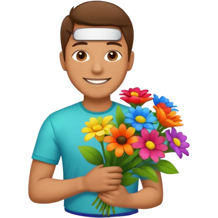 Man with bright shirt carrying a bunch of flowers emoji