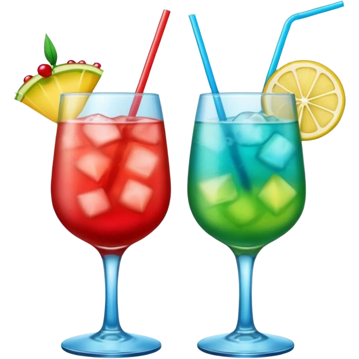 Create two emoji of clear red blended yellow cocktail, cheers with blue blended green cocktail, without any fruit and skewers emoji