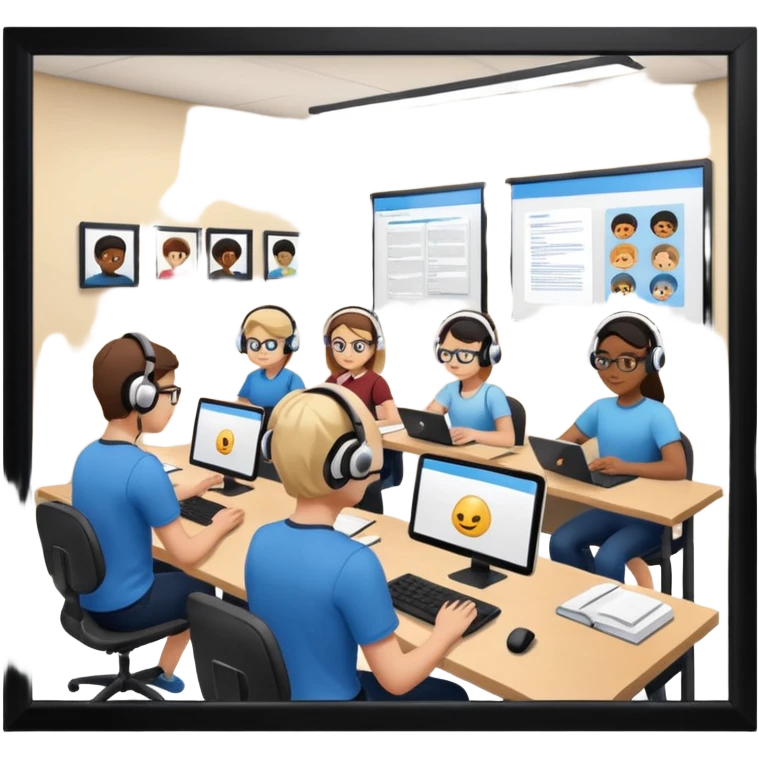 Birdseye view of large study space with students working separately add students wearing Vision Pro headsetd emoji