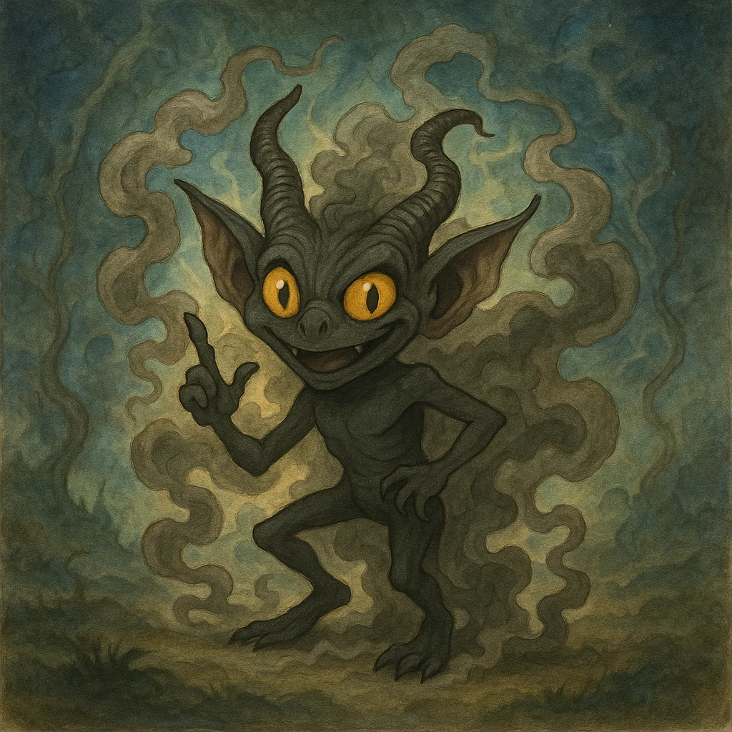 Add a smoky, magical background behind Igor the mephit, keeping the fantasy vibe. Maintain the fantasy style and atmosphere in the background to complement the character. emoji