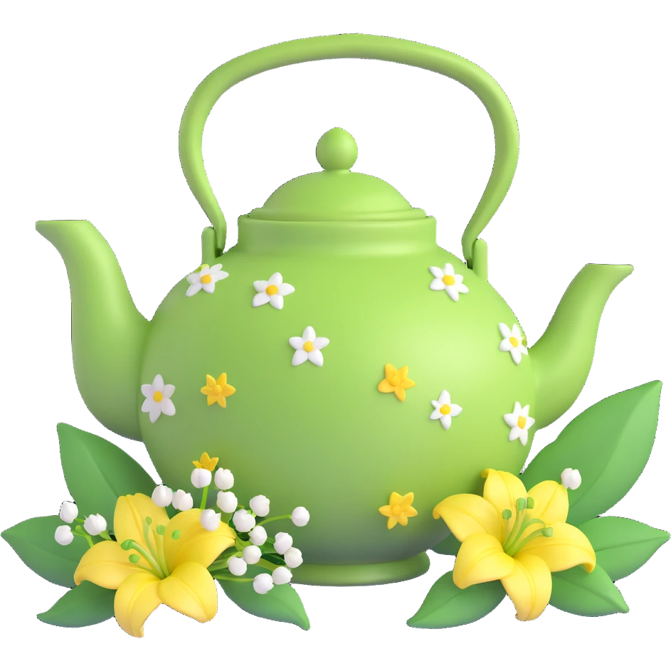 A green teapot with lily of the valley flowers growing out of it, small stars around the flowers. The teapot is light green with a darker green handle and has a scalloped edge. The flowers are white and green, and the stars are small and yellow. emoji