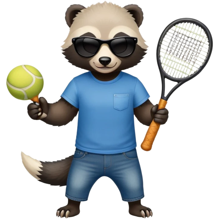 mischievous anthropomorphised honey badger in jeans and a t-shirt, wearing sunglasses, holding a tennis racket emoji