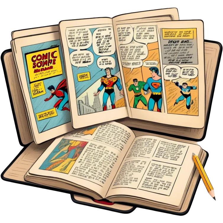 Create a detailed emoji representing the process of writing texts for comic books. The design should feature a large, open comic book with vintage comic strips visible on its pages. A pencil should be shown writing text on one of the comic panels, but without a hand. The pencil should appear as though it is actively creating the dialogue or narration. Use a classic color palette with muted tones for the comic book and brighter accents on the pencil to draw attention to the writing process. Do not include any emojis or smiley faces. Make the background transparent. emoji