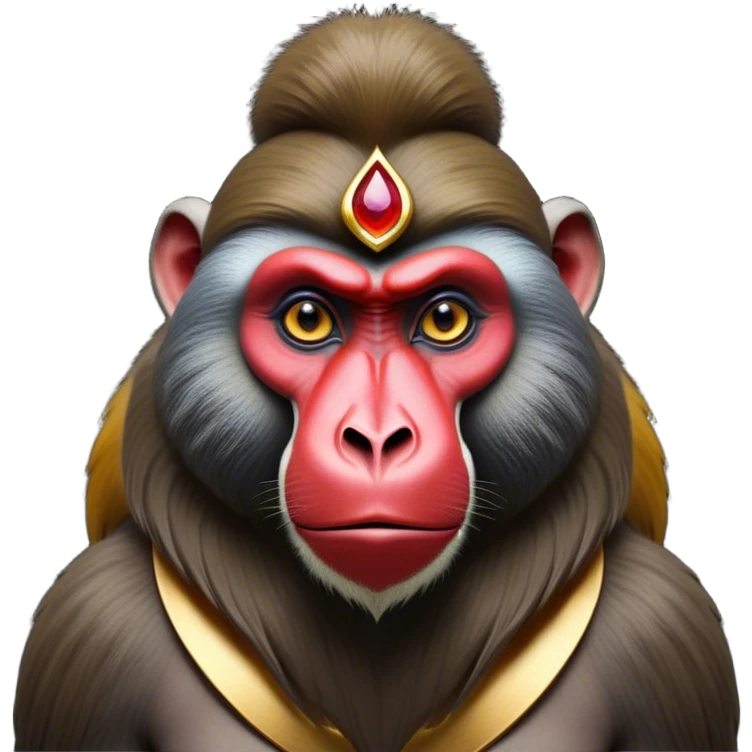 Cinematic Noble Mandrill baboon Portrait Emoji, Poised and regal, with a striking, powerful build and a vivid, deep-set soulful eyes, Simplified yet sharp and sophisticated features, highly detailed, glowing with a vibrant, dignified glow, high shine, intelligent and commanding, stylized with an air of exotic majesty, focused and attentive, soft glowing outline, capturing the essence of a watchful and confident primate, so majestic it feels as though it could step out of the screen with effortless authority! emoji