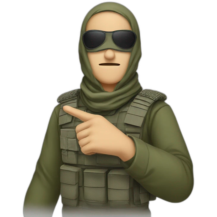 A person masked with shemagh and wearing military clothing and He points his index finger upward  emoji