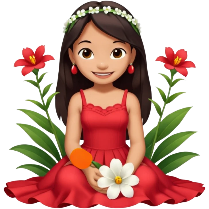 Lilo from Lilo & Stitch, in a red dress with white flowers, sitting and smiling emoji