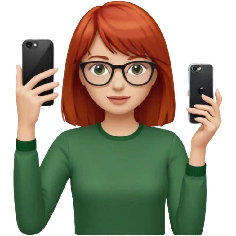 red haired woman with bangs, glasses, green blouse holding her phone having selfie emoji