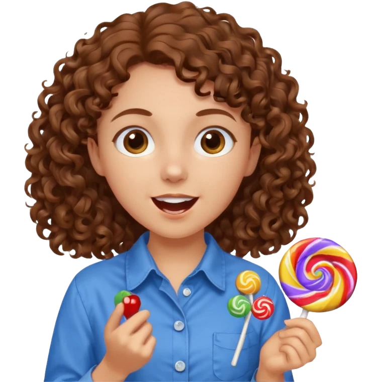 girl with brown curly hair in a blue button-up shirt loving candy excited emoji