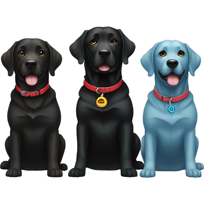 2 happy adult black labradors side by side, bigger dog with red collar, other dog with light blue collar emoji