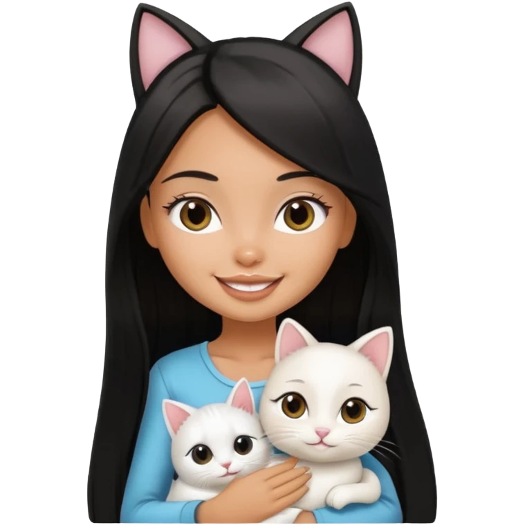 a pretty tan bratz girl with black long straight hair smiling and holding a white cat\ emoji