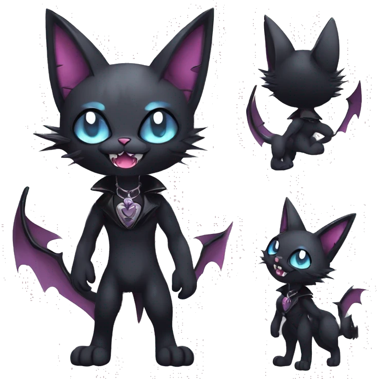   cool edgy kawaii anime-style ethereal dark-punk-themed animal vampiric cat-hybrid Fakemon with fangs and bat-wing-ears with a collar full body emoji