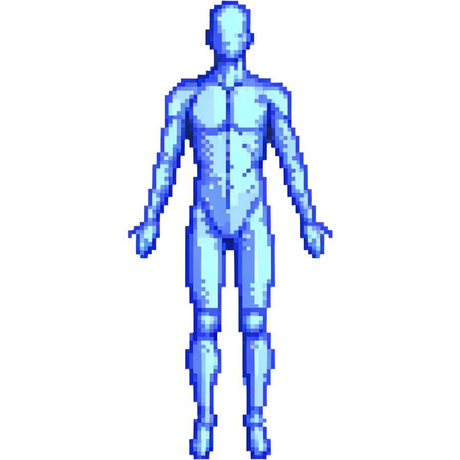 Pixelated human silhouette with digital scanning effect, blue grid lines mapping the body emoji