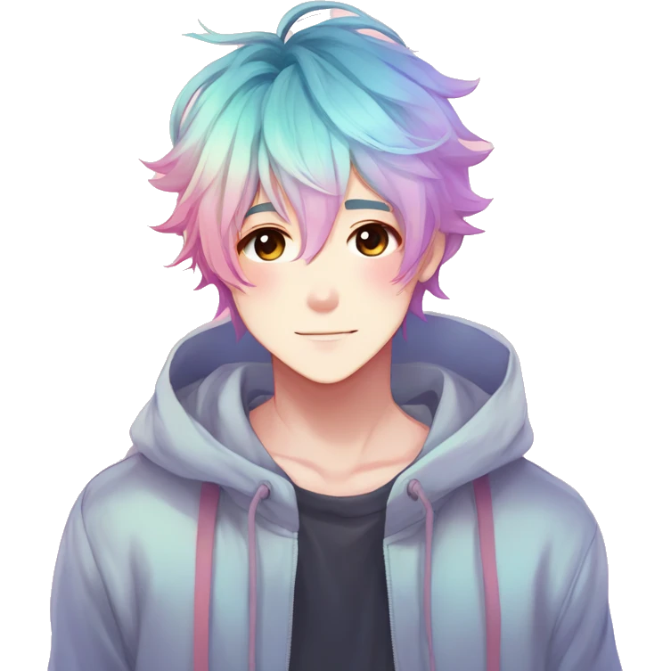 Gorgeous anime style shojo boy with blushing face aesthetic and pretty colorful shiny gradient pastel hair trending style emoji