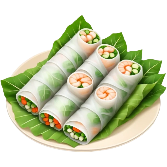 cinematic-realistic-vietnamese-summer-rolls-dish-emoji,-depicted-with-delicate-rice-paper-wraps-filled-with-fresh-vegetables-and-shrimp-rendered-with-crisp-textures-and-refreshing-lighting. emoji