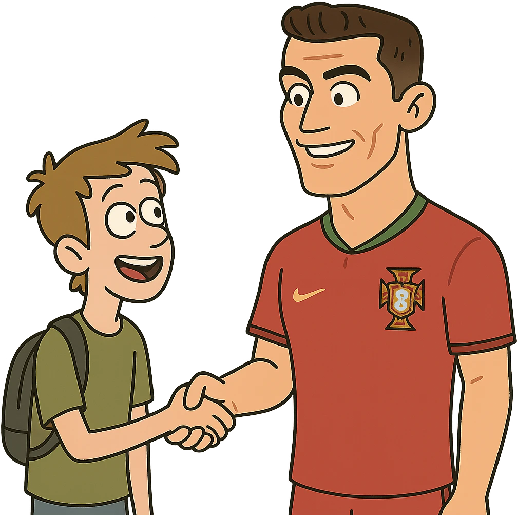 rapaz a conhecer o Cristiano Ronaldo, flat toon style emoji