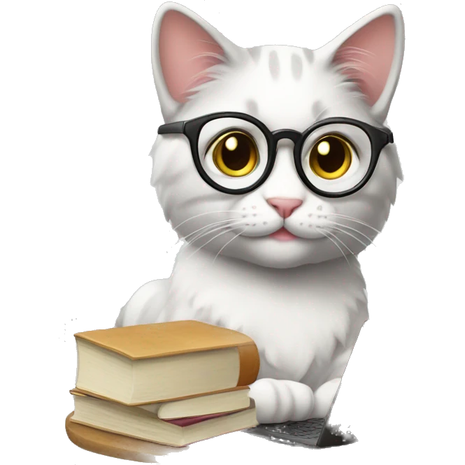 Beautiful Cat studying, glasses, books, laptop emoji